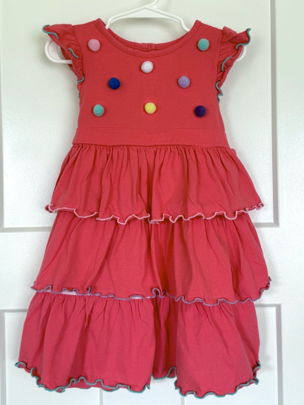 Goodlad Girls Tiered Pom Pom Dress | Size 4T | Coral Pink Ruffle Dress